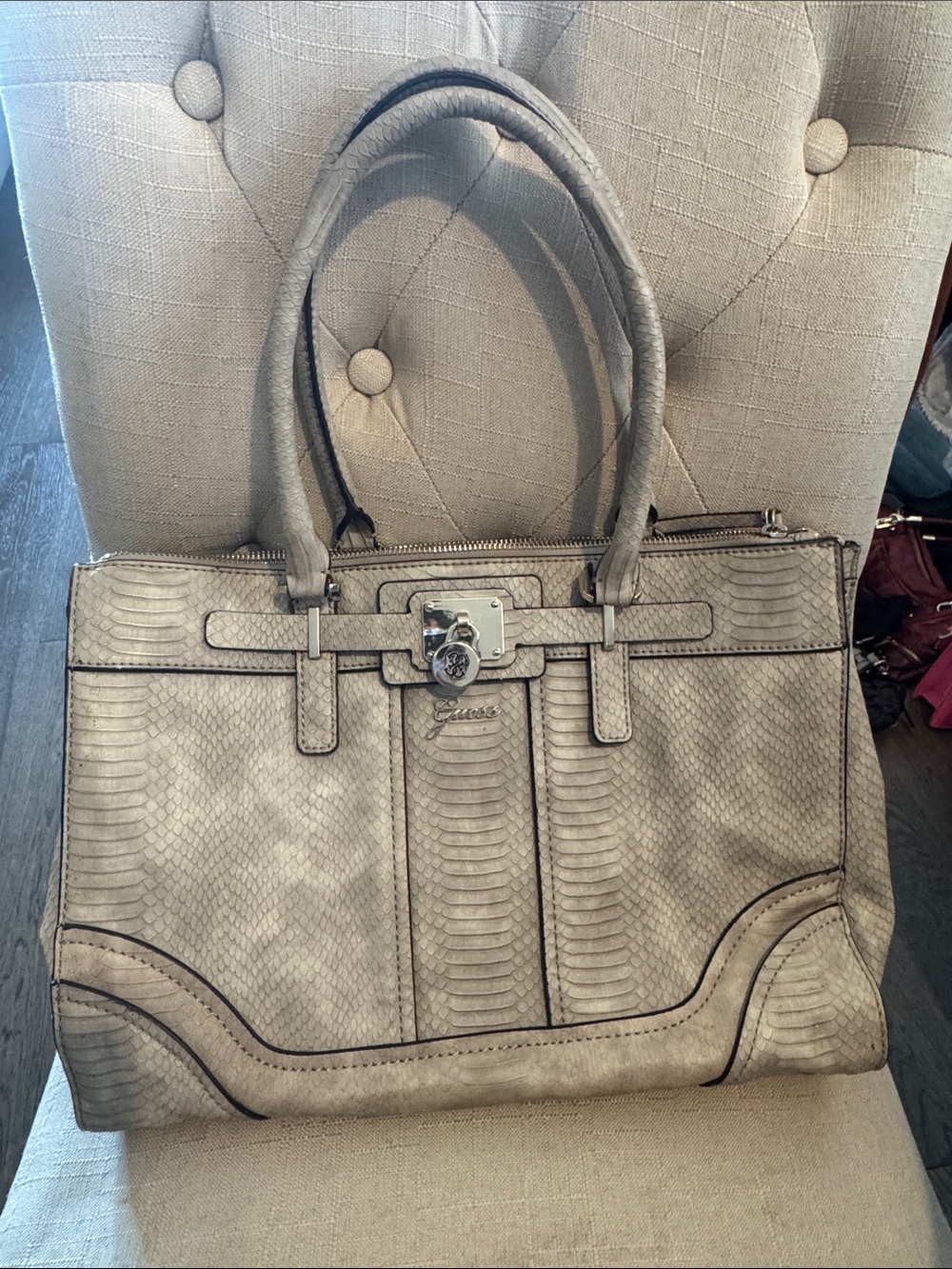 Guess Gray Embossed Leather Satchel with Turn-Lock Hardware
